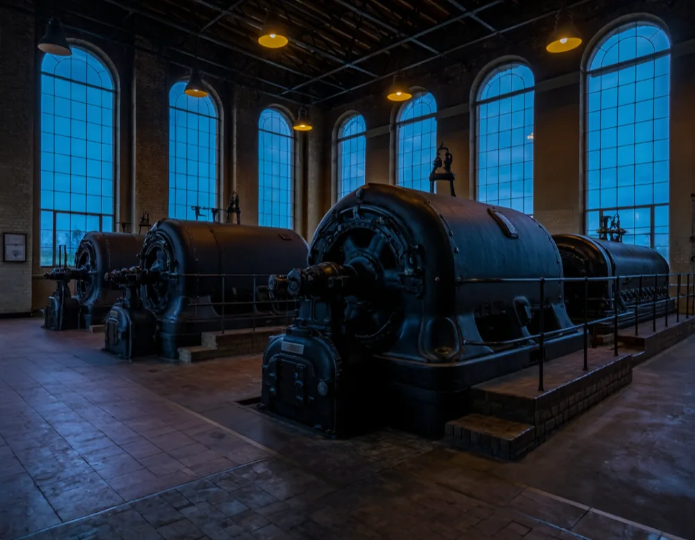Four large compressors on tiled foundations in a brick hall, cool light through high arched windows.
