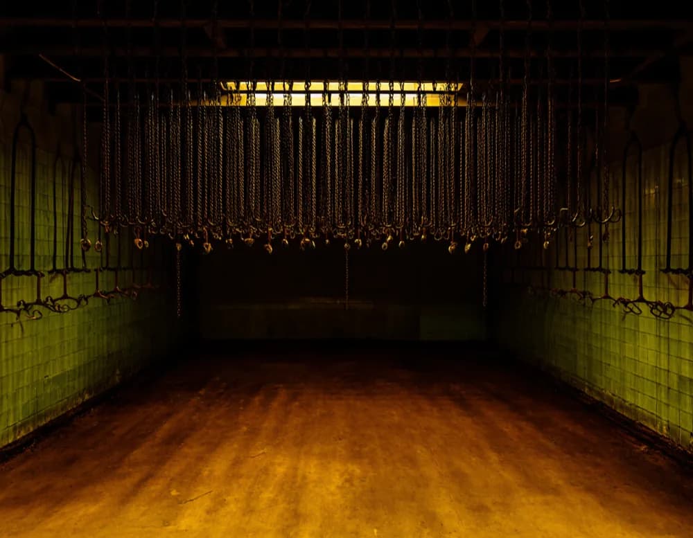 The pithead baths hall at night: rows of chains and ceiling pulleys with clothes hooks, lit warm from below.